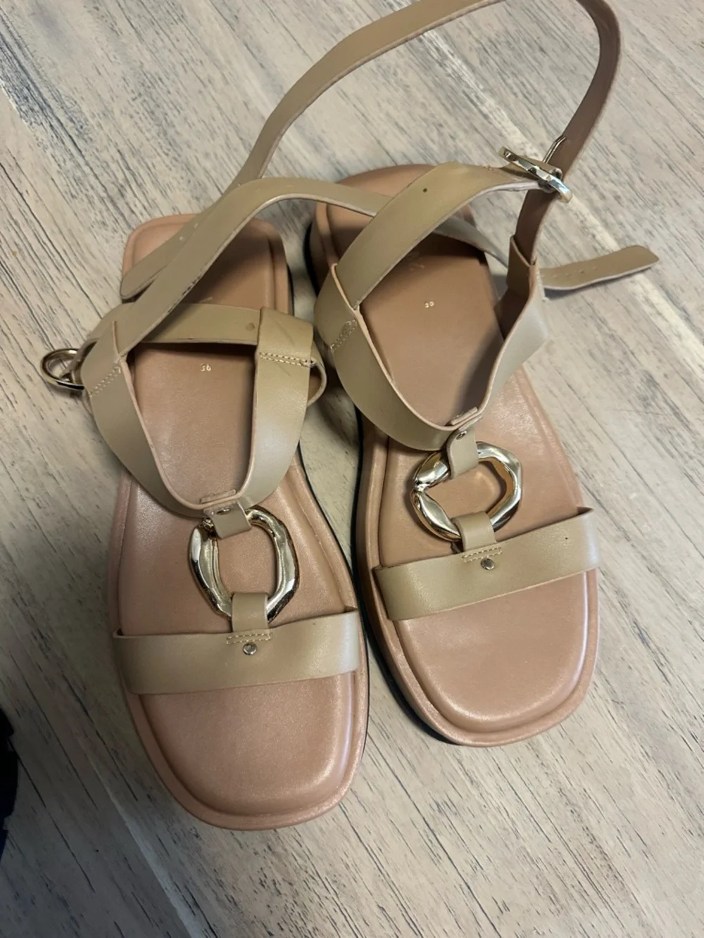 Zara Tan Platform Ankle-Strap Sandals with Gold Accent - Picture 3 of 7